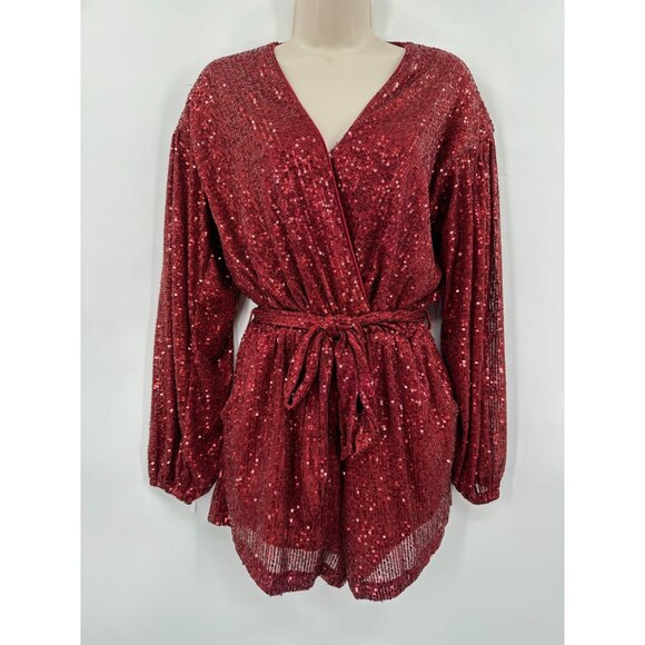 She + Sky Ruby Red Sequin Romper With Long Sleeves & Tie Waist Size Small - Picture 1 of 7